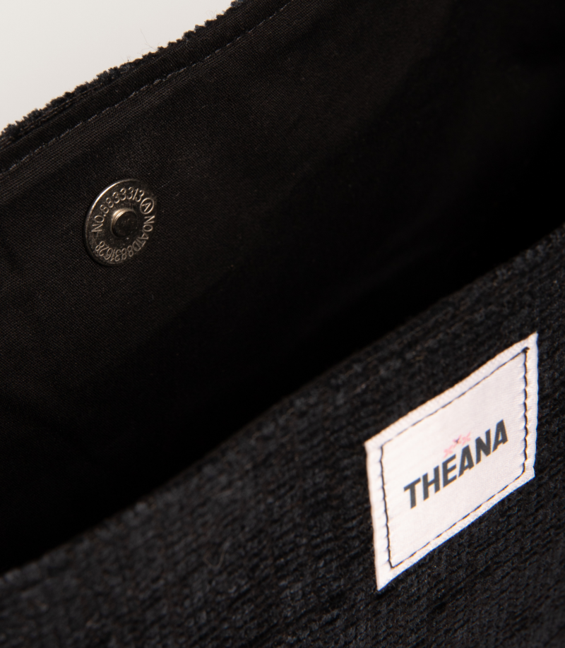 fermeture aimantée du mini sac noir texturé Theana avec reflets bleus