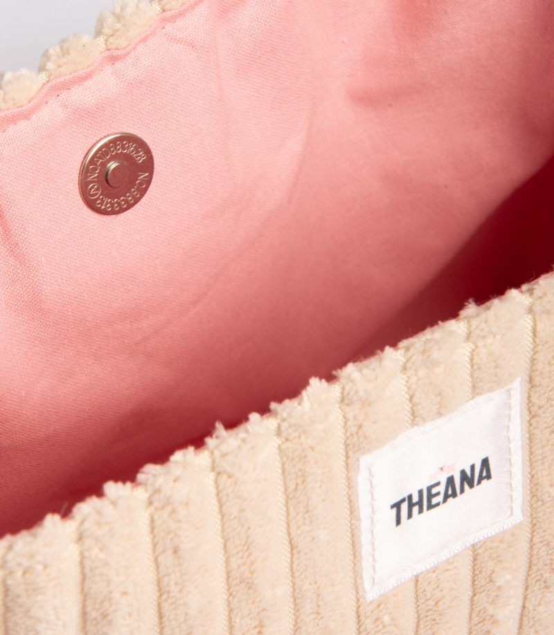 doublure assortie et bouton aimanté – mini sac beige en velours côtelé THEANA
