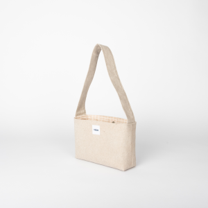 Mini sac tissu gris/beige THEANA avec bouton pression - vue de 3/4