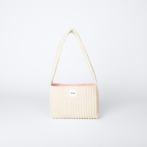 mini sac beige en velours côtelé avec doublure assortie et bouton aimanté – marque THEANA