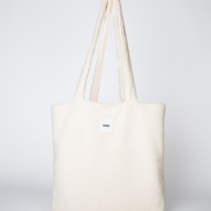 tote bag beige en tissu bouclette avec doublure rose et pochette intérieure – marque THEANA
