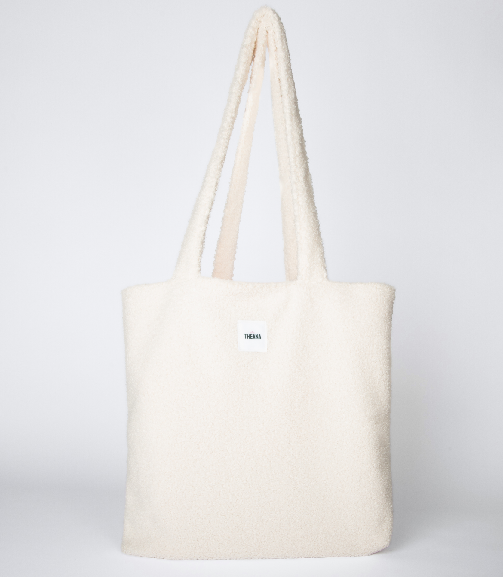 tote bag beige en tissu bouclette avec doublure rose et pochette intérieure – marque THEANA