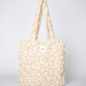 tote bag léopard en tissu bouclette avec doublure rose et pochette intérieure – marque THEANA