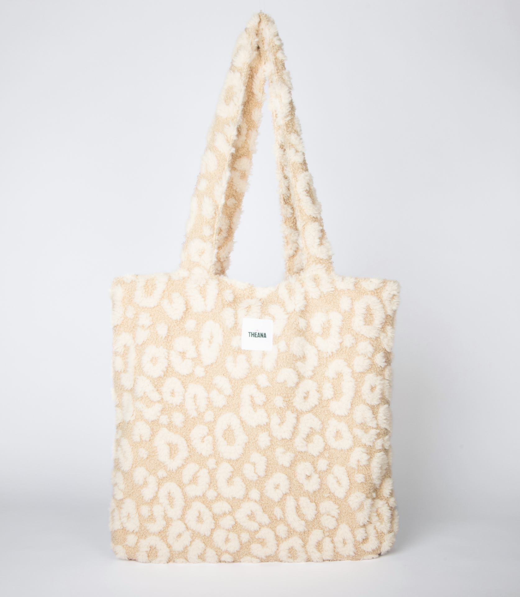 tote bag léopard en tissu bouclette avec doublure rose et pochette intérieure – marque THEANA