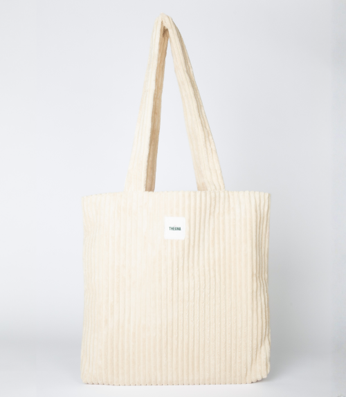 Tote bag beige Theana en velours côtelé tote bag beige en velours côtelé avec doublure rose et pochette intérieure – marque THEANA