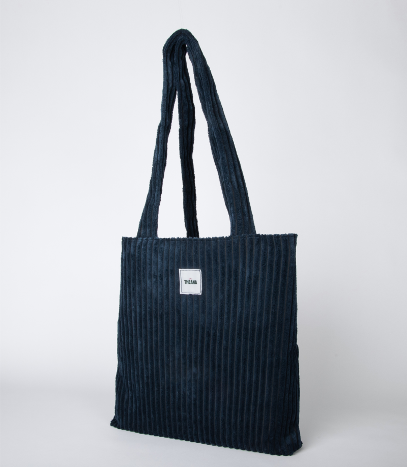 tote bag bleu marine en velours côtelé – vue 3/4 – marque THEANA