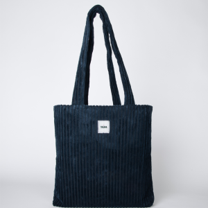tote bag bleu marine en velours côtelé avec doublure rose et pochette intérieure – marque THEANA