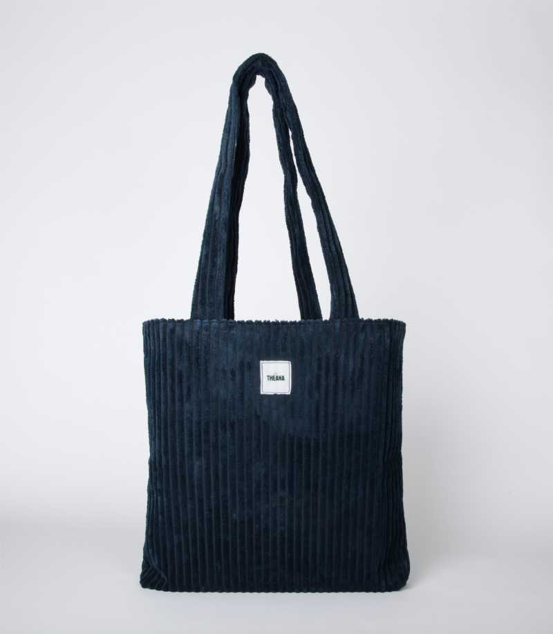 tote bag bleu marine en velours côtelé avec doublure rose et pochette intérieure – marque THEANA