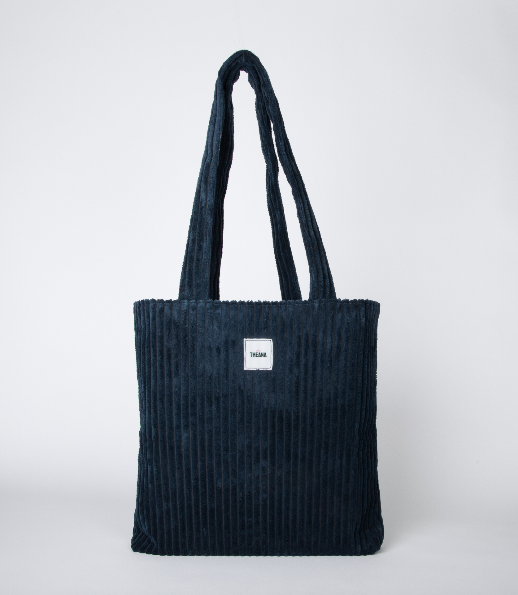 tote bag bleu marine en velours côtelé avec doublure rose et pochette intérieure – marque THEANA
